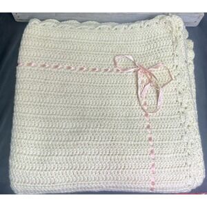 VTG Hand Crocheted Afghan White‎ Cream With Pink Ribbon Scalloped Edges 56"x 58"